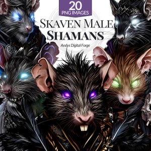 20 Skaven Male Shamans Cliparts - High-Res Fantasy RPG PNGs for Tabletop Gaming, Sublimation, Printable Digital Art & DIY Craft Projects.