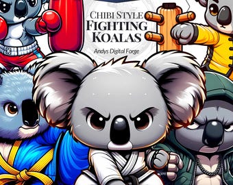 Chibi Combat Koalas - High Resolution Martial Arts PNG Cliparts - Sublimation, DIY Crafts, Printable Digital Art - Digital Download