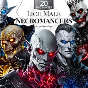 20 Lich Male Necromancers Cliparts - High-Res Fantasy RPG PNGs for Tabletop Gaming, Sublimation, Printable Digital Art & DIY Craft Projects.