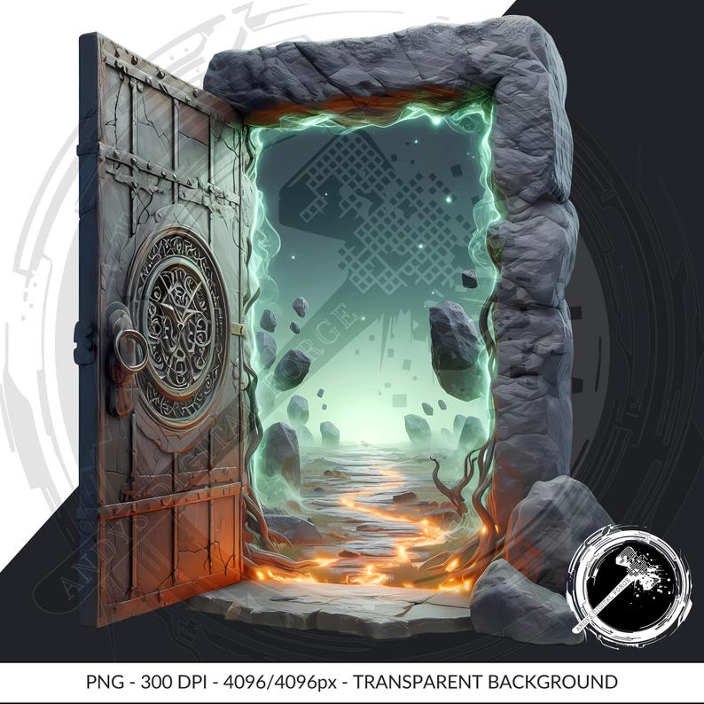 Cliparts porte portail scène dark fantasy - Portes ouvertes sur mondes hantés. PNG gothique HD - RPG, sublimation et impressions Halloween.
