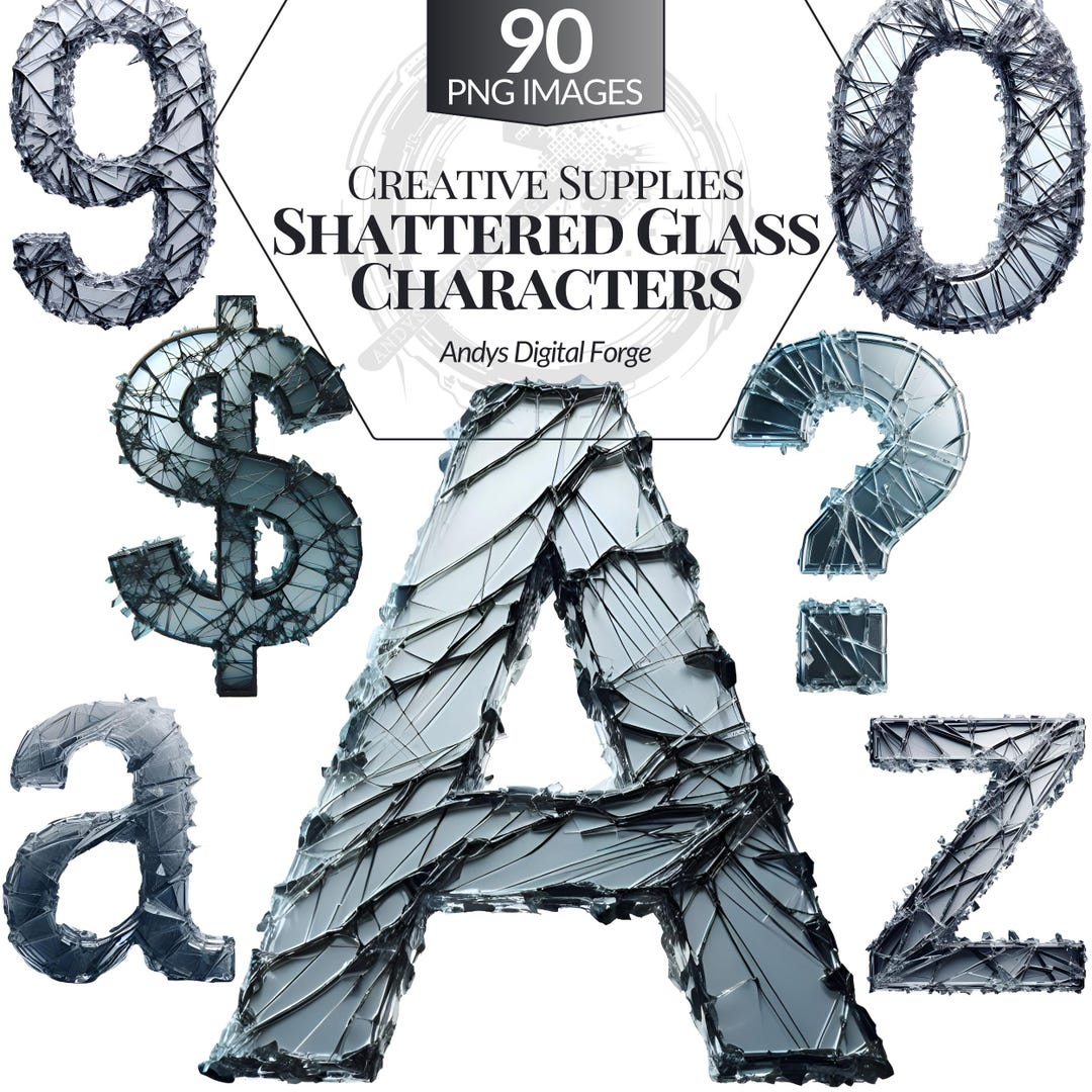 Shattered Lettering Shattered Glass Alphabet - Uppercase and Lowercase Letters, Numbers and ...