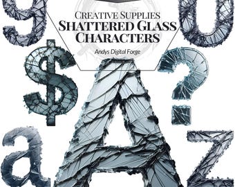 Shattered Glass Alphabet - Uppercase and Lowercase Letters, Numbers and Symbols - Digital Clipart, Digital Art for Creative Projects