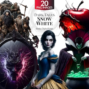Peut inclure: Illustration numérique avec des personnages et des éléments du conte de fées Blanche-Neige. Comprend des images de nains, de Blanche-Neige, d'une pomme empoisonnée, d'un miroir magique et de la Méchante Reine. Le texte indique "Dark Tales Snow White" et "20 PNG Images."