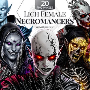 20 imágenes prediseñadas de nigromantes femeninas Lich: PNG de RPG de fantasía de alta resolución para juegos de mesa, sublimación, arte digital imprimible y proyectos de artesanía DIY.