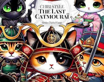 Chibi Samurai Cat - High Resolution Japanese PNG Cliparts - Sublimation, DIY Crafts, Printable Digital Art - Digital Download