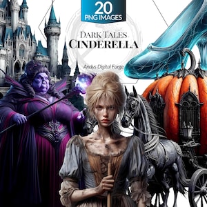 May include: Digital illustration featuring Cinderella-themed elements. The image includes a pumpkin carriage, a glass slipper, a castle, and a woman in a tattered dress. Text reads "Dark Tales Cinderella" and "20 PNG Images."