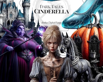 Dark Fantasy Cinderella - Cliparts of Redemptive Humiliation. Haunted PNGs for gothic sublimation, eerie crafts, horror tales setting design