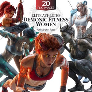 Tattooed Athletic Demonic Women - Fitness and Workout Cliparts - Poses with Gym Equipment - PNG Digital Download