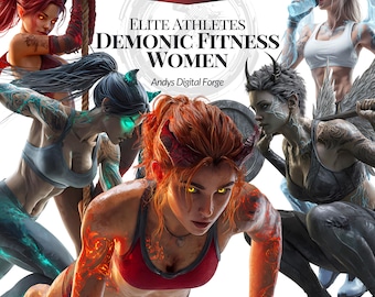Tattooed Athletic Demonic Women - Fitness and Workout Cliparts - Poses with Gym Equipment - PNG Digital Download