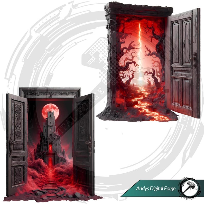 Cliparts porte portail scène dark fantasy - Portes ouvertes sur mondes hantés. PNG gothique HD - RPG, sublimation et impressions Halloween.