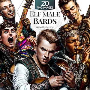 20 Elf Male Bards Cliparts - High-Res Fantasy RPG PNGs for Tabletop Gaming, Sublimation, Printable Digital Art & DIY Craft Projects.