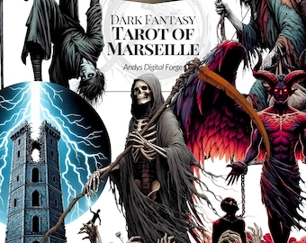 Dark Fantasy Major Arcana Tarot of Marseille. High-Res PNG Cliparts - Vintage French Divination Cards for Sublimation Halloween Printable