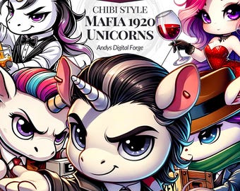 Chibi Mafia Unicorn Cliparts - Cute 1920s Prohibition-Era Fantasy Gangster Animals. High-Res PNGs for RPGs Sublimation Scrapbooking & Crafts