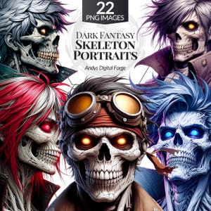 Dark Fantasy Skeleton Character Portraits Cliparts - High-Res Skull PNGs, Sublimation, Halloween Printable Digital Art & DIY Craft Projects