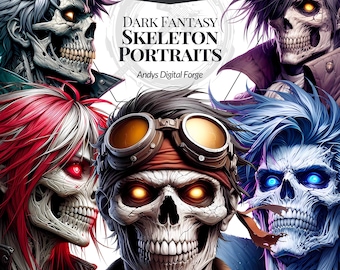 Dark Fantasy Skeleton Character Portraits Cliparts - High-Res Skull PNGs, Sublimation, Halloween Printable Digital Art & DIY Craft Projects