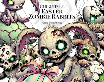 Chibi Easter Zombie Rabbits - High-Res PNG Horror Cliparts - Sublimation, Crafts, Digital Art to Print - Digital Download