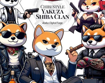 Shiba Yakuza Clan Chibi - Japanese Mafia & Shiba Inu Dog Cliparts - High Resolution PNG - Sublimation, Creative Crafts - Digital Download