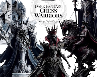 Chess Warriors - Chivalrous living statues emerging from black and white pieces - PNG clipart - Dark fantasy digital art