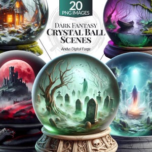 Kristallkugel-Cliparts – Düstere Fantasy-Szenen – HD-PNG, druckbar für Halloween – Sublimation, digitales Design und kreative DIY-Projekte