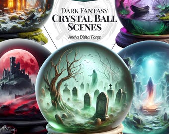 Dark Fantasy Crystal Ball Scene Cliparts - High-Res PNGs, Sublimation Halloween Printable Gothic Art, Digital Design & DIY Craft Projects
