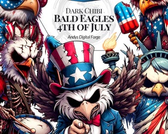 Cliparts Patriotic Dark Chibi Bald Eagles - American Independence Day, July 4, 1776 Eagle - Sublimation, Crafts, Printable Digital Art
