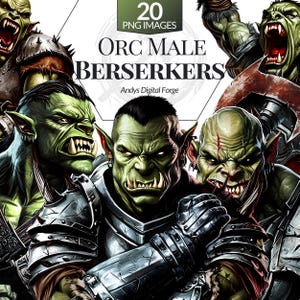 20 Savage Orc Male Berserker Cliparts - High-Res Barbarian Fantasy RPG PNGs for Tabletop Gaming, Sublimation, Printable Digital Art & DIY.