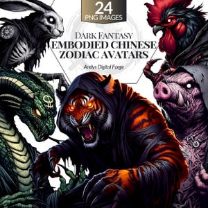 Puede incluir: Arte digital con avatares de fantasía oscura del zodiaco chino. La imagen incluye un tigre, un gallo, un cerdo, un dragón y un conejo, cada uno con una apariencia amenazante. El texto dice "Dark Fantasy Embodied Chinese Zodiac Avatars" y "24 PNG Images."