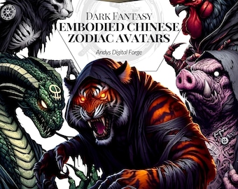 Avatares de fantasia sombria do Zodíaco Chinês - Clipart dos 12 signos astrológicos - Retrato, Corpo Inteiro, Sublimação, Arte Digital