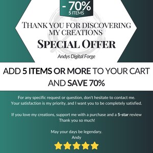 May include: A promotional graphic with a dark green and white color scheme featuring the text: -70% 5 ITEMS, THANK YOU FOR DISCOVERING MY CREATIONS, SPECIAL OFFER, Andys Digital Forge, ADD 5 ITEMS OR MORE TO YOUR CART AND SAVE 70%, and five yellow stars.