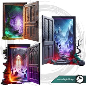 Cliparts porte portail scène dark fantasy - Portes ouvertes sur mondes hantés. PNG gothique HD - RPG, sublimation et impressions Halloween.