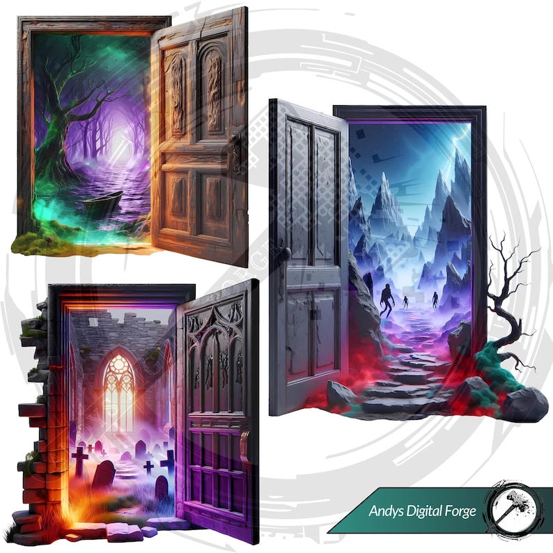 Cliparts porte portail scène dark fantasy - Portes ouvertes sur mondes hantés. PNG gothique HD - RPG, sublimation et impressions Halloween.