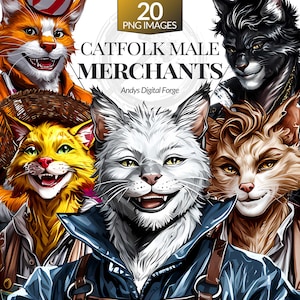 20 Catfolk Male Merchants Cliparts - High-Res Fantasy RPG PNGs for Tabletop Gaming, Sublimation, Printable Digital Art & DIY Craft Projects.
