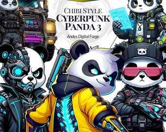 Cyberpunk Panda Chibi 3 - High-Res Sci-Fi RPG PNG Cliparts for Sublimation, Gaming, DIY Crafts, Printable Digital Art - Digital download