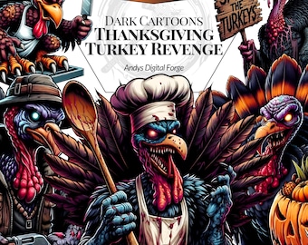 Thanksgiving Cartoon Dark Fantasy Turkey Cliparts - Funny Horror Cartoon Characters, American Harvest Holiday - PNG Sublimation, Digital Art