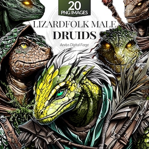 20 Lizardfolk Male Druids Cliparts - High-Res Fantasy RPG PNGs for Tabletop Gaming, Sublimation, Printable Digital Art & DIY Craft Projects.