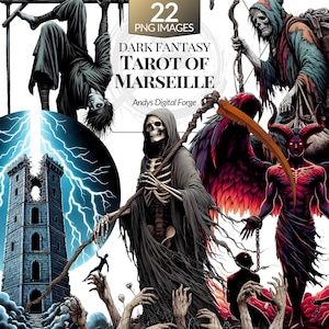 22 Dark Fantasy Major Arcana Tarot of Marseille. High-Res PNG Cliparts Vintage French Divination Cards for Sublimation Printable Gothic Art.
