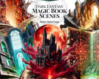 Dark Fantasy Magic Book Scene Cliparts - Haunted Grimoires with Rising Worlds. Witchcraft Spellbook Halloween PNGs for Gothic Sublimation