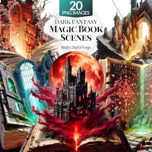 20 Dark Fantasy Magic Book Scene Cliparts - Haunted Grimoires with Rising Worlds. Witchcraft Spellbook PNGs for Gothic Art Sublimation & RPG