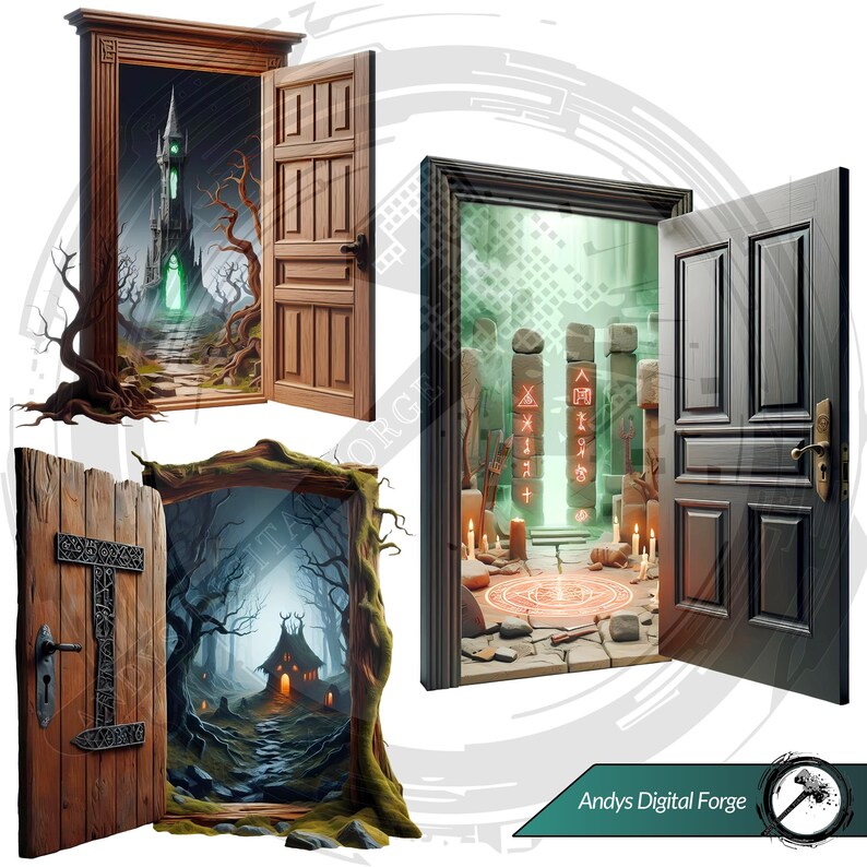 Cliparts porte portail scène dark fantasy - Portes ouvertes sur mondes hantés. PNG gothique HD - RPG, sublimation et impressions Halloween.