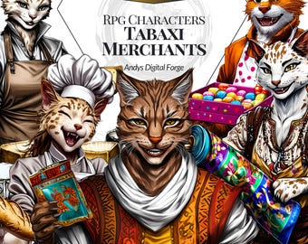 Fantasy Tabaxi Merchants - Set High-Resolution PNG Cliparts, RPG Tabletop Games, Sublimation, Creative Projects - Digital Download