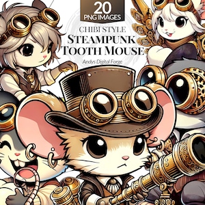 Chibi Steampunk Tooth Mouse Cliparts - High-Res Fantasy RPG PNGs for Gaming, Sublimation, Printable Digital Art & Fun DIY Craft Projects.
