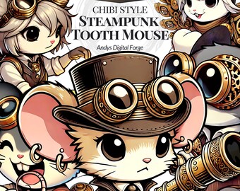 Chibi Steampunk Tooth Mouse Cliparts - High-Res Fantasy RPG PNGs for Gaming, Sublimation, Printable Digital Art & Fun DIY Craft Projects.