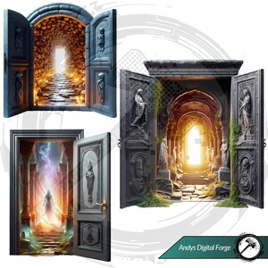 Cliparts porte portail scène dark fantasy - Portes ouvertes sur mondes hantés. PNG gothique HD - RPG, sublimation et impressions Halloween.