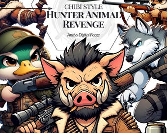 Chibi Style - Hunter Animals Revenge Clipart Set - Inspired Animal Characters with Traps & Weapons - High-Res PNGs, Crafts and Sublimation.