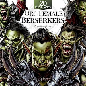 20 imágenes prediseñadas de berserker orco salvaje femenino: PNG de rol de fantasía bárbara de alta resolución para juegos de mesa, sublimación, arte digital imprimible y bricolaje.