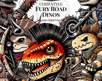 Chibi Style - Post-Apocalyptic Dino Characters from Fury Road Wastelands Cliparts - High-Res PNGs for DIY Crafts, RPG Games, Digital Project
