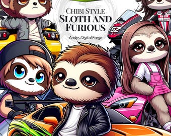 Chibi Racing Sloths - High Resolution  Car-Themed PNG Cliparts - Sublimation, DIY Crafts, Printable Digital Art - Digital Download
