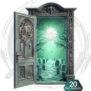 Cliparts porte portail scène dark fantasy - Portes ouvertes sur mondes hantés. PNG gothique HD - RPG, sublimation et impressions Halloween.