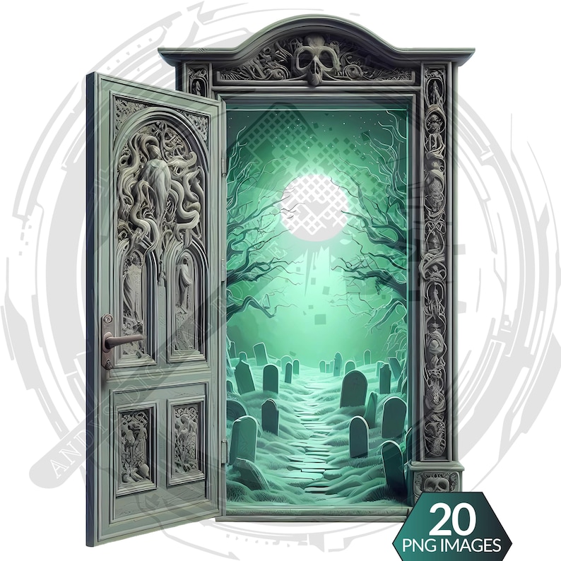 Cliparts porte portail scène dark fantasy - Portes ouvertes sur mondes hantés. PNG gothique HD - RPG, sublimation et impressions Halloween.