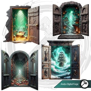Cliparts porte portail scène dark fantasy - Portes ouvertes sur mondes hantés. PNG gothique HD - RPG, sublimation et impressions Halloween.